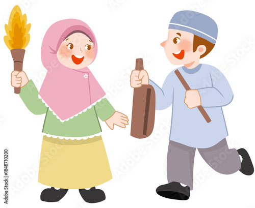 Kids Holding kentongan for ramadan