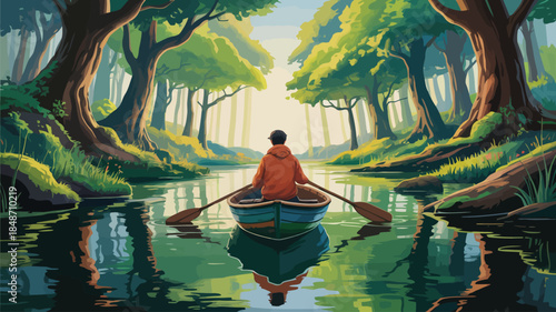 A man paddles a small wooden boat down a reflective river surrounded by thick ancient forest trees
