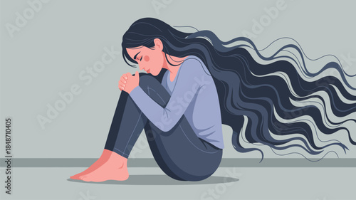 A sad woman with long flowing dark hair sits alone on the floor feeling depressed