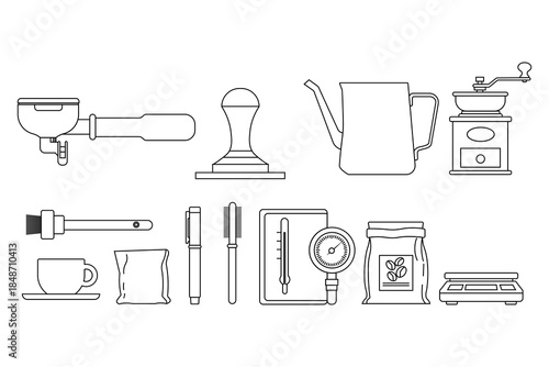 Outline illustration set of coffee equipment including espresso machines, grinders, kettles, cups, and barista tools. Perfect for menus, infographics, and cafe branding.