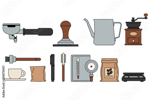 Filled color illustration set of coffee equipment including espresso machine, grinder, kettle, tamper, cups, and accessories. Ideal for cafe, barista, and coffee shop design.