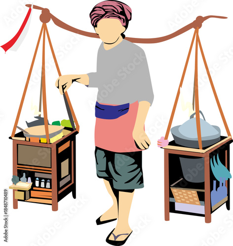 Vector illustration of a traditional street food vendor carrying cooking equipment with a shoulder pole, representing local culture, small business, and traditional culinary lifestyle in Indonesia