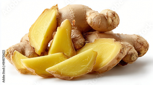 Ginger root with peeled sliced pieces, Raw ginger spice ingredient close up
