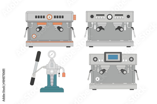 Filled color illustration set of coffee equipment including espresso machine, grinder, kettle, tamper, cups, and accessories. Ideal for cafe, barista, and coffee shop design.