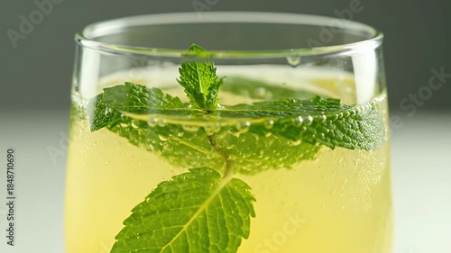 Close Up Of A Refreshing Yellow Cocktail With Mint Leaves And Bubbles In A Clear Glass With Soft Lighting