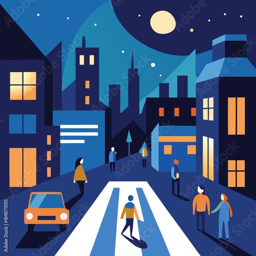 Night City Street Crossing Illustration