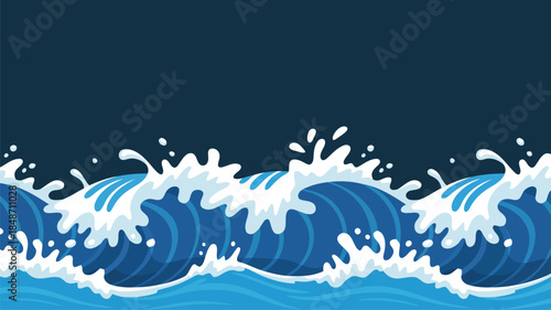 Continuous blue ocean waves with white foamy peaks create a seamless pattern against a dark sea backdrop