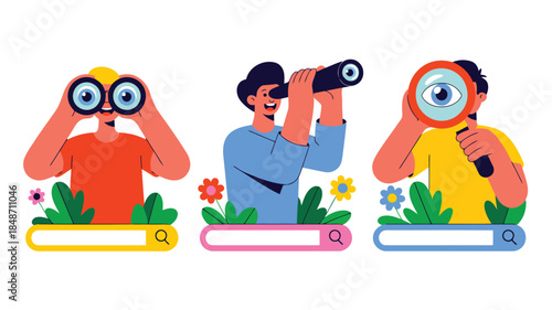 Diverse cartoon characters use optical tools like binoculars and magnifying glass above colorful search bars