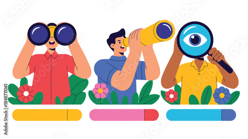 Diverse characters using binoculars, a telescope, and a magnifying glass above colored progress bars