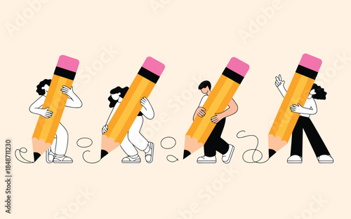 Diverse people drawing simple lines and geometric shapes with large pencils, showing learning or basic creation