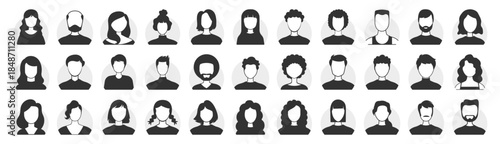 Business people avatars, diverse men and women profile icons, social media user symbol, outline vector on transparent background