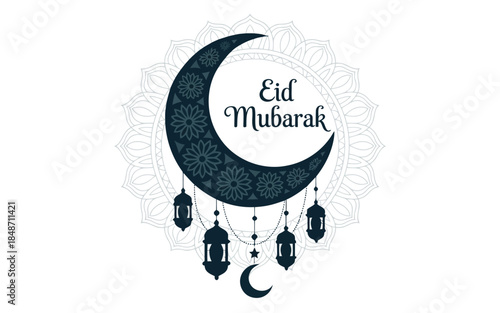 Eid Mubarak greeting with an ornamental crescent moon and hanging lanterns