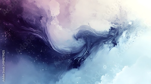 Ethereal minimalist abstract background with swirling ink in shades of deep purple and misty blue with sparkling cosmic dust particles.