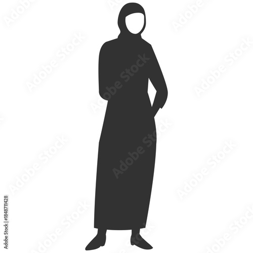 Woman silhouette, female wearing hijab and long dress, simple black vector on transparent background