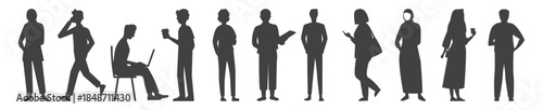 People silhouettes standing walking casual diverse group figures portrait modern lifestyle vector illustration on transparent background