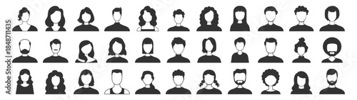 Business avatars, diverse men and women profile icons, corporate people team, social media user symbol, outline vector on transparent background