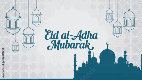 Eid al Adha Mubarak greeting with mosque silhouette and decorative Islamic lanterns on grey