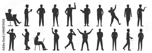 People silhouettes casual men standing walking talking with devices modern lifestyle vector illustration on transparent background