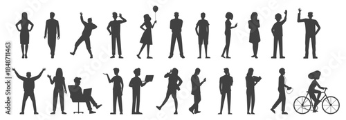 Silhouette vector people man woman standing walking sitting cycling using laptop and phone casual business lifestyle figures on transparent background