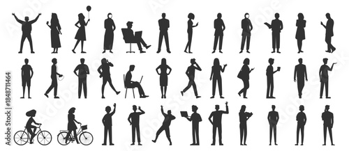 Silhouette vector people man woman standing walking sitting cycling using laptop and phone casual business lifestyle figures on transparent background