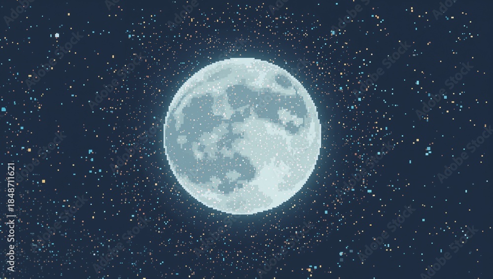 Obraz premium Glowing pixel-art full moon dominating night sky, showing pale cyan shading, halo, stars