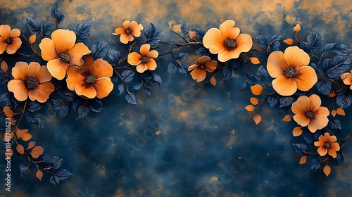 Traditional Southeast Asian batik fabric featuring hand-painted orange floral blossoms on a textured indigo blue background. Elegant ethnic textile design.