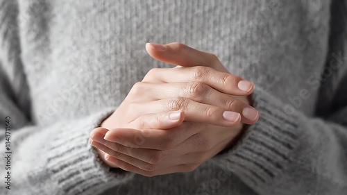 Close Up Of Dry Hands Being Rubbed Together Wearing A Grey Knitted Sweater With Soft Natural Lighting