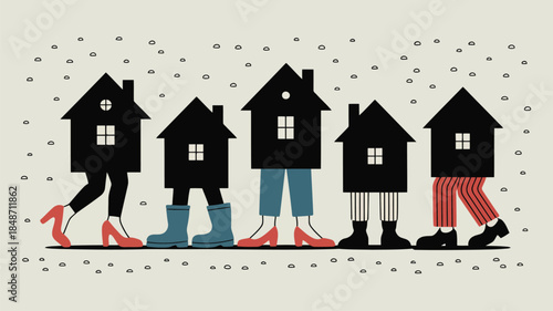 Five black house silhouettes with windows and human legs walking on a light textured background