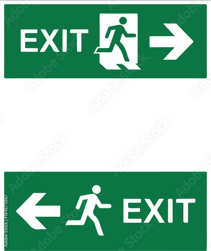 Emergency exit signs with running person symbol and arrows pointing right and left on green background.