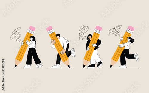 Four diverse individuals carry large yellow pencils while some struggle with creative blocks or ideas