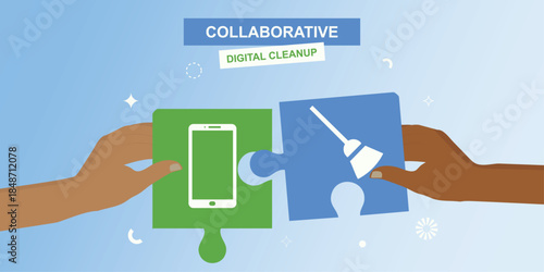 Two hands connecting puzzle pieces featuring smartphone and broom icons, representing collaborative digital cleanup and teamwork. Ideal for partnership and digital organization. Vector illustration
