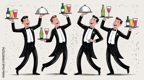 Four smiling waiters in tuxedos walk proudly carrying trays with bottles and glasses of drinks
