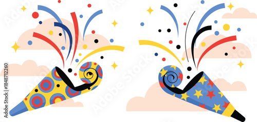 Colorful party blowers with confetti, festive decorations, celebration theme, pink background, cartoon style, flat vector illustration