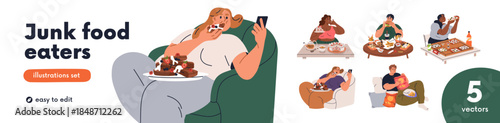 Fat chubby people eating unhealthy fast food set. Plump characters, hungry men, women with fatty snack. Overeating and gluttony concept. Flat graphic vector illustrations isolated on white background