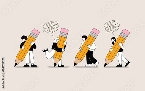 Four individuals interact with large yellow pencils, some facing challenges or experiencing creative blocks