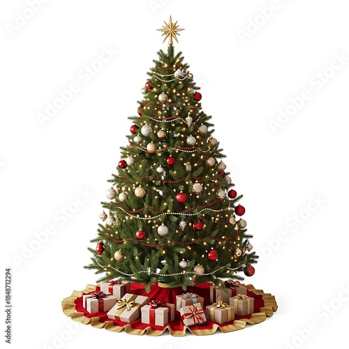 Christmas tree with presents and ornaments.