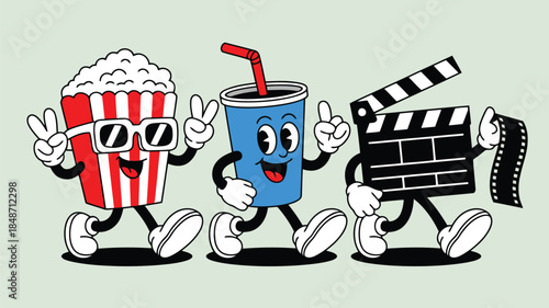 Funny retro cartoon characters of popcorn, soda, and a clapperboard walking happily together
