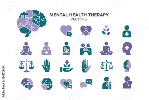 mental health therapy and psychology flat vector icons set