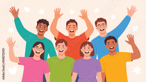 Joyful group of diverse young adults smiling and enthusiastically waving their hands to greet