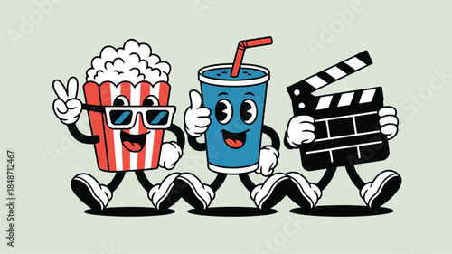 Joyful vintage movie characters including a popcorn box, soda cup, and clapperboard parade cheerfully