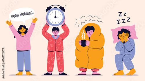 Lively cartoon images showcase four diverse morning experiences from energetic starts to sleepy states