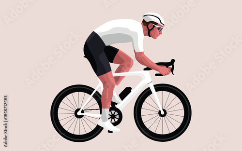 Man in white and black cycling gear riding a modern road bicycle on a plain background