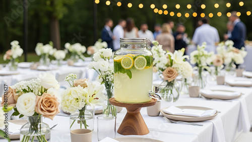Lemonade dispenser at a cheerful party table with colorful decorations and fresh fruits