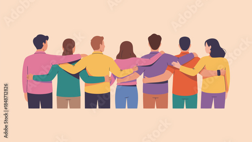 Seven diverse people standing with arms around each others shoulders from behind view