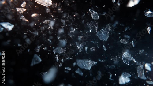 Dynamic abstract explosion of broken glass fragments creating powerful impact. chaotic motion of shattering shards against stark black background