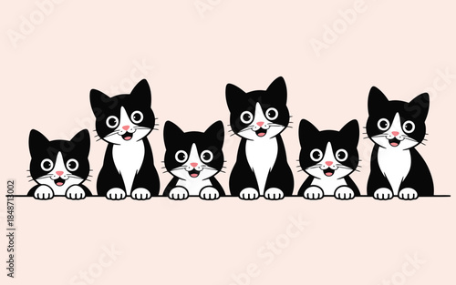 Six adorable cartoon black and white kittens happily peek over a subtle pale pink border