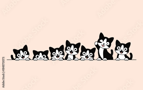 Six cute cartoon black and white cats peeking with one playful cat winking