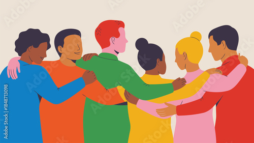 Six diverse individuals from various backgrounds stand together embracing with warm, supportive smiles