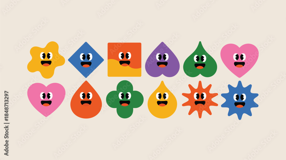 Obraz premium Ten playful cartoon characters in unique colorful shapes with happy and surprised expressions