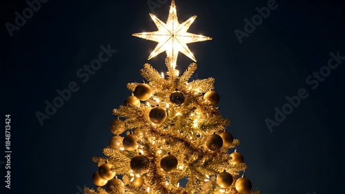Golden Christmas Tree With Twinkling Lights And Star Topper Illuminated At Night